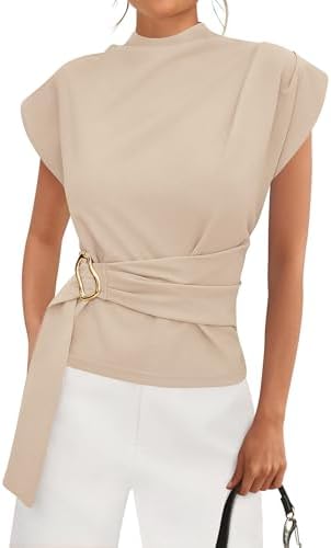 PRETTYGARDEN Women Blouses Spring Dressy Cap Sleeve Mock Neck Work Shirts Buckle Tunic Summer Business Casual Tops 2026