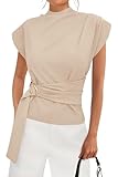 PRETTYGARDEN Women Blouses Spring Dressy Cap Sleeve Mock Neck Work Shirts Buckle Tunic Summer Business Casual Tops 2026(Beige,Small)