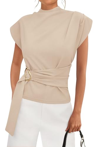 PRETTYGARDEN Women Blouses Spring Dressy Cap Sleeve Mock Neck Work Shirts Buckle Tunic Summer Business Casual Tops 2026(Beige,Small)