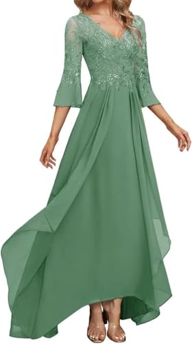 Lace Applique Mother of The Bride Dresses for Wedding 3/4 Sleeve V Neck Chiffon Long Formal Evening Gowns for Wedding Party4