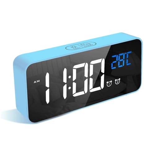 LATEC Reloj Despertador, LED Pantalla Reloj Despertador Digital con Espejo, Doble Alarma, Temperatura, Puerto de Carga USB, 10 Música, 4 Brillo Ajustable, 12/24H(Azul)