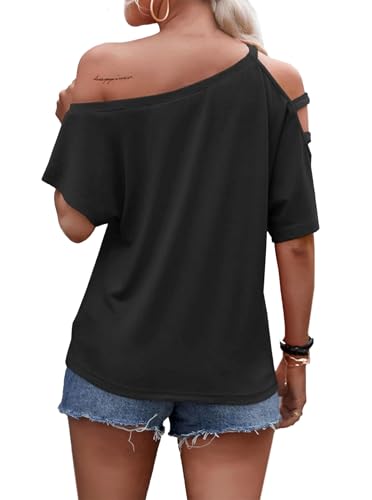 LilyCoco Women's Off The Shoulder Top Short Sleeve Cutout Asymmetrical Neck T Shirt2