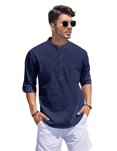 Image of Men's Cotton Blend Straight Kurta Shirt with Mandarin Collar - Slim Fit Casual Short Kurti Featuring Textured Slub Fabric and Roll-Up Full Sleeves