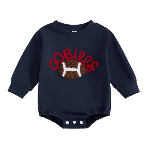 SHUING Baby Boy Girl Football Outfit Bubble Romper Long Sleeve Fall Sweatshirt (Navy Blue 6-12 Months)