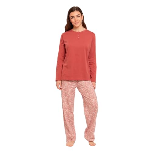 TRAMAS+ Pijama Mujer 100% algodón, Pijama Largo Mujer, Conjunto de Camiseta Manga Larga y Pantalón Largo con Cintura Ajustable - XL, Rastberry Rosa