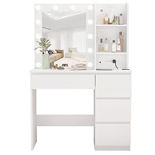 Makeup Vanity With Lights, 37Inch Vanity Desk With Power Strip, 4 Drawers Makeup Table With Lighted Mirror, 3 Lighting Colors, White #TOP7