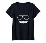 Womens Top Gun White Sunglasses & Logo in White Action Movie V-Neck T-Shirt