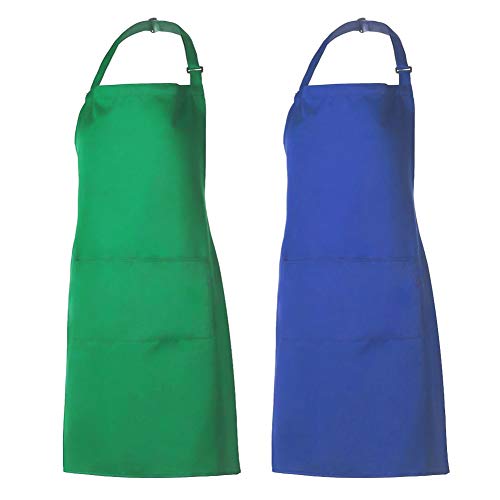 Delantal de cocina con 2 delantales de cocina ajustables con 2 bolsillos, se pueden utilizar para la parrilla de la cocina, habitaciones, panaderos (dos piezas, verde oliva + azul Royal)