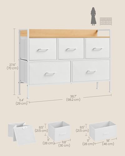 SONGMICS Chest of Drawers for Bedroom, 5 Fabric Drawers with Handles, Storage Organiser Unit, for Living Room, Hallway, Steel Frame, Cloud White and Oak Beige LTS135W01