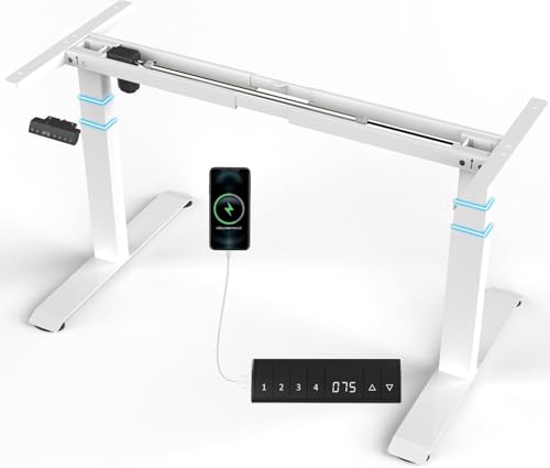 JUMMICO Höhenverstellbarer Schreibtisch Gestell Elektrisch Tischgestell mit Doppelträger, 3-Segment-Beinen, 4 Speicherfunktionen, USB, Rollen & Haken(Weiß)