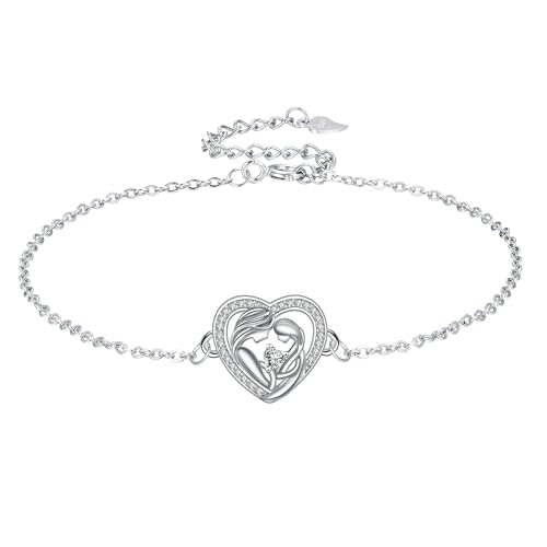 J.MOULING Pulseras Madre e Hija Plata de Ley 925   Pulsera Corazón Mujer,Regalos Día de la Madre Originales Para Novia Mujer Esposa Hija   Ajustable (17cm+4cm)