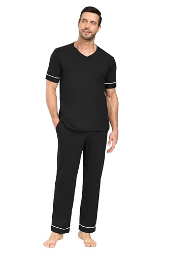 EA'S SECRET Mens Pajamas Set Short Sleeve Sleepwear 100% Cotton Nightwear Soft Comfy Pjs Sleep Set With Pocket2