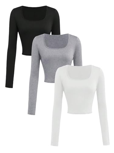 SOLY HUX Girl's 3 Piece Long Sleeve T Shirts Square Neck Basic Slim Fitted Tees Crop Tops