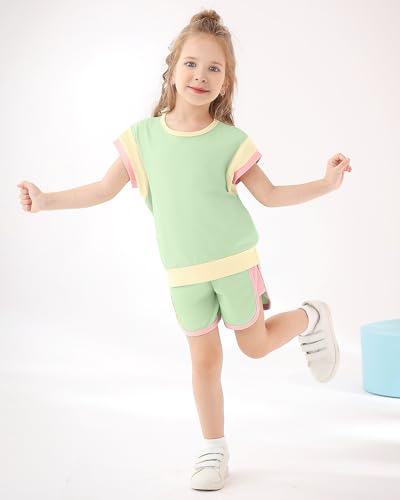 Image of SANMIO Toddler Girl Clothes Summer Girls Outfits 2 Piece Clothing Set | Color Block Short Sleeve Tops and Shorts Toddler Sweatsuit Fashion Clothing Casual Sets