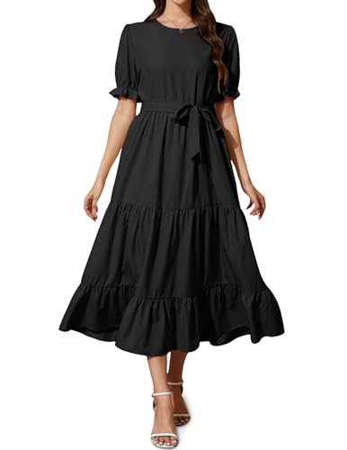 Women's Tiered Midi Dress with Tie Waist Flowy Summer Casual Short Sleeve Boho Swing Dress with Pocket