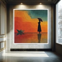 LMYCHENG Silhouette de femme avec parapluie et bateau en papier, peinture à l'huile sur toile, reflet abstrait du coucher de soleil, décoration murale...