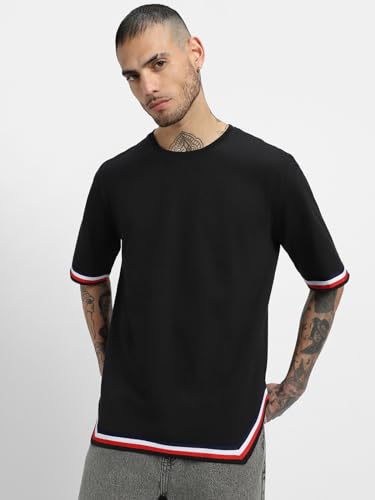 Image of Veirdo Pure Cotton Oversized Baggy Fit Half Sleeve Round Neck Tapered Hemline with Side Cuts T-Shirt for Men (Available in Black, Mustard, Fog Green, Navy)