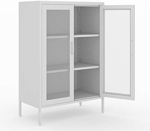 NITETRONIC White Steel Mesh Door Household Sideboard, Net Door Assemble Dining Room Cupboard Metal Bedroom Storage Cabinet Large Space Garage Organizer 3-Layers Living Room Cabinet