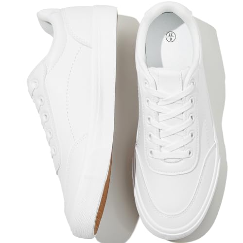 HYPOCRUTE White Leather Sneakers for Women Tennis Shoes Womens Fashion Sneakers Low Top Casual Shoes for Walking