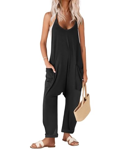 Ekouaer Womens Jumpsuit Sleeveless Casual Summer Overalls Jumpers Spaghetti Strap Baggy Long Pants Rompers with Pockets Black S