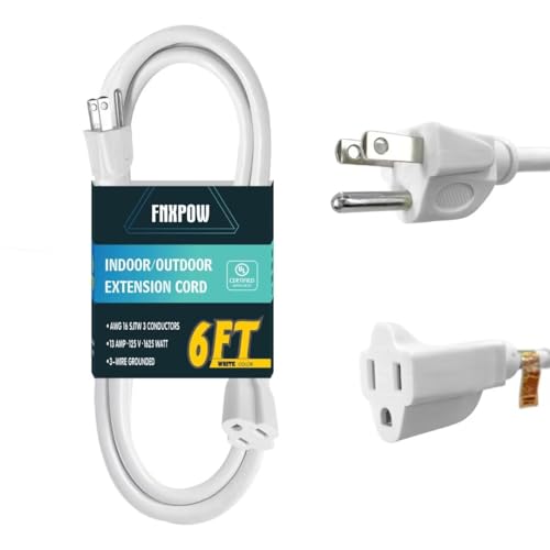 FNXPOW Indoor Outdoor Extension Cord 6 FT Waterproof, 16/3 Gauge Heavy Duty White Extension Cords, 13A 1625W SJTW Extension Cord with 3 Prong Grounded Plug, Great for Tools, Lights, UL Listed.