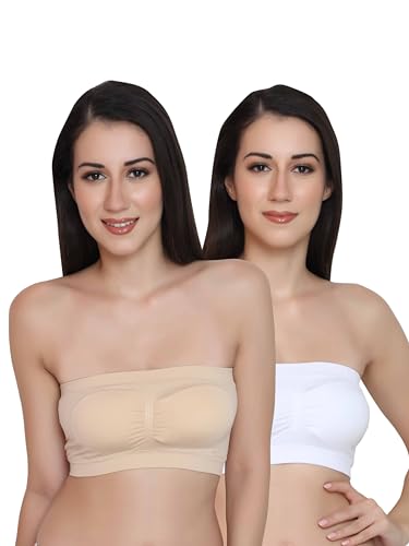 Image of GLAMORAS Polyester Spandex Padded Strapless Non Wired Removable Pads Seamless Bandeau Tube Top Bra, Pack of 2