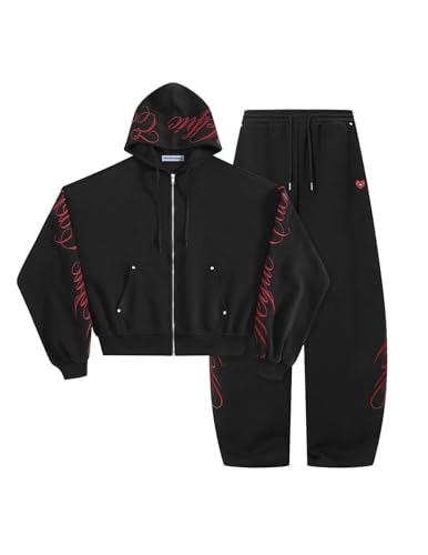 Aelfric Eden Boxy Embroidery Sweat Set for Women Men Oversized 2 Piece Lounge Matching Set Zip Up Hoodie Casual Streetwear Black Small