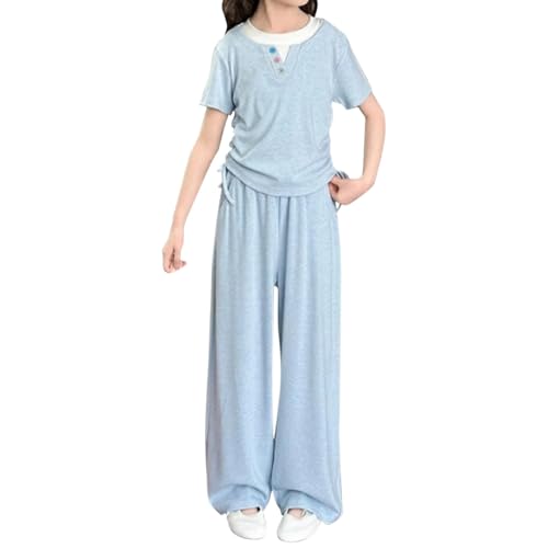 BILIKEYU Girls Summer Outfits Short Sleeve V Neck Side Pleated T Shirts and Elastic Waist Baggy Wide Leg Pants