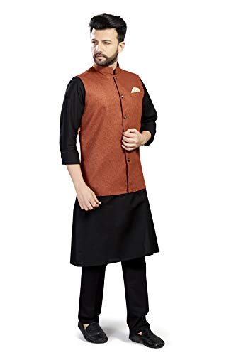 Image of 100% Cotton Blend Stylish Trendy Solid Pattern Sleeveless Comfortable Men's only Nehru Jacket for Regular Use Ethnic Wear(Rust Brown,Medium)