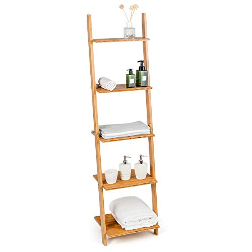 Tangkula Bamboo 5-Tier Ladder Shelf Bookshelf, Wall-Leaning Bookshelf, Plant Flower Stand, Storage Display Shelves for Living Room Bathroom Office, Multifunctional Ladder Bookcase (Natural)