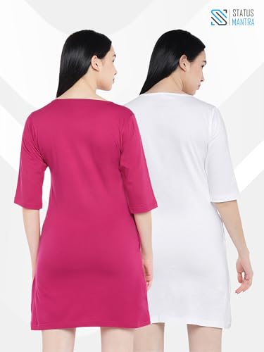 Image of STATUS MANTRA Long T-Shirt Dress for Women - Cotton Knee Length T Shirt Top | 3 /4th Sleeves, Soft Bio-Washed Fabric | Stylish Regular Fit Crew Neck