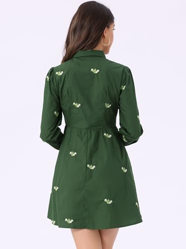 Image of Allegra K Women's Shirt Dress A Line Embroidered Floral Mini Dresses | Casual, Collar, Long Sleeve, Button Down, Half Placket, Invisible Zipper, Knee Length