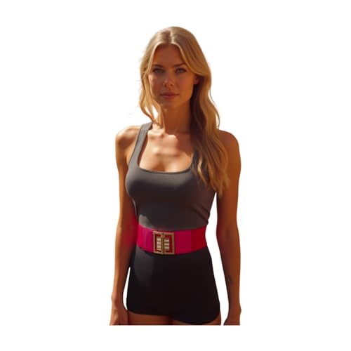 Women Fashion Stretch Belt Pink Faux Leather Gold Metal Squre Bling Buckle S M z099