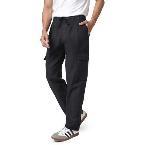 Image of Urbano Fashion Men's Straight Fit Linen Cargo Pants with 6 Pockets