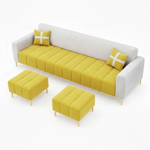 Image of Melody 3 Seater Modular L Shape Sofa Set with 2 Ottoman| Soft Velvet Upholstery, Sturdy Wooden Frame | Modern Sofa for Living Room, Hall & Office Spaces (Yellow-Light Grey)