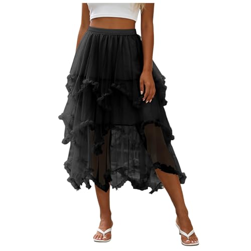 Jupe midi tulle à taille haute avec bords froncés pour silhouette affinée