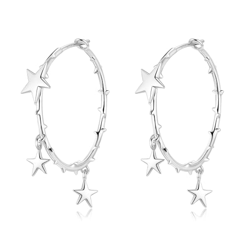 Small Star Hoop Earrings for Women 925 Sterling Silver Post 14K Gold Plated Lightweight Mini Spike Thin Hoop Earrings