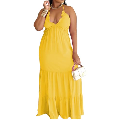 Image of TOPSRANI Womens Sleeveless Maxi Dress Halter Casual Backless Smocked Tiered Ruffle Flowy Sexy Slip Sling Strap Dresses