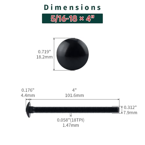 Image of 5 /16-18 x 4 inch Black Carriage Bolts with Nuts and Washers Kits (10 Sets), 304 Stainless Steel 18 /8, Black Finish, Round Head, Square Neck, Heavy Duty Bolts, Indoor Outdoor Fastening Bolts, Fayeploo