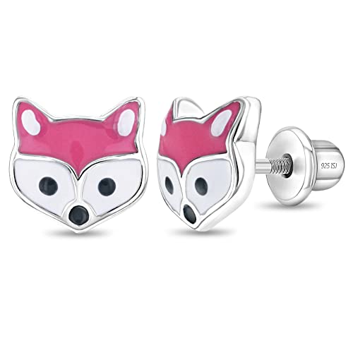 925 Sterling Silver Girls Fox Earrings with Screw Backs Pink & White Enamel - Cute Jewelry for Kids of All Ages