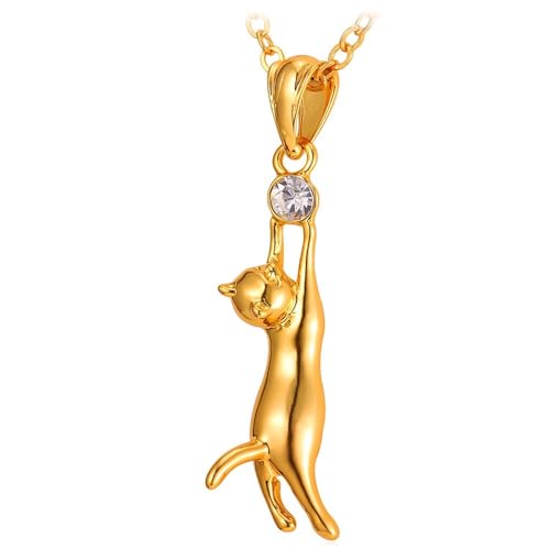 U7 Cute Cat Necklace Rhinestone with Chain 18K Gold Plated Pendant Charm Smooth Kitten Collarbone Necklaces