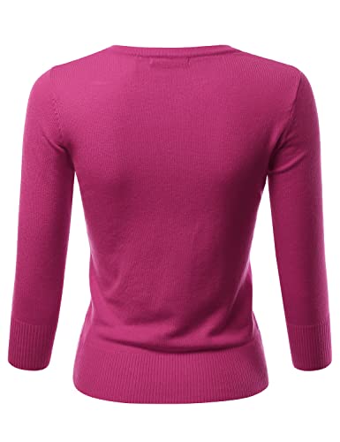 LALABEE Women's 3/4 Sleeve Crewneck Button Down Knit Sweater Cardigan Magenta 3XL - Thumbnail 3