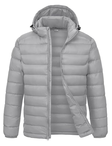 BGOWATU Men's Lightweight Hooded Puffer Winter Jacket Water-Resistant Insulated Puffy Coat Detachable Hood for Snow Ski Light Gray L