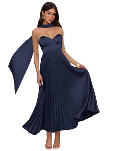 Kibbih Pleated Satin Bridesmaid Dresses with Scarf Tea Length Formal Gowns Wedding Guest Dress Navy Blue