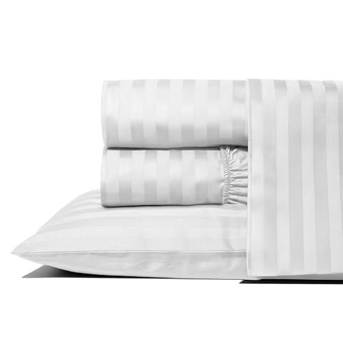 Image of THREAD SPREAD California King Bed Sheets, Luxury 1000 Series Paradise Collection 100% Egyptian Cotton Damask Striped Cal King Sheets Set (4 PC, White Stripe), 16 inch Deep Pocket Hotel Sheet Set