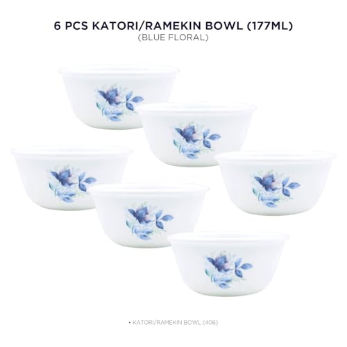 Image of CORELLE Blue Floral 177 ML Small Katori-6 Pcs| Serving Dal /Curd /Dessert| Ramekin Bowl |Vitrelle 3 Layer Glass| Lightweight Non-Porous Surface Crockery| 1-Year Warranty on Chip /Break /Scratch