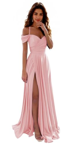 IIF Women's Long Off Shoulder Satin Bridesmaid Dresses A-Line Prom Dress with Pockets for Wedding...