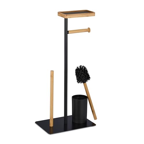 Image of Relaxdays WC Set, Bamboo, Stainless Steel, Free-standing, incl. 2 Spare Heads, Toilet Roll & Brush Holder, Black /Natural