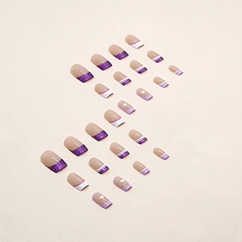 French Press On Nails Medium Square Fake Nails Blue White French Tip With Heart Glitter Design Stick On Nails Full Cover Nude False Nails Glossy Daily Wear Artificail Nails For Women Girls 24Pcs #TOP3