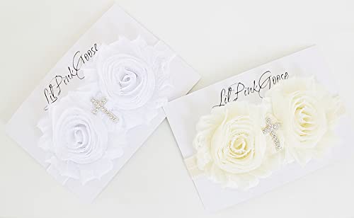 0-12 Months Baby Girls Baptism Headbands Ivory & White Weddings Headbands (6-12 Months, White with Cross)3